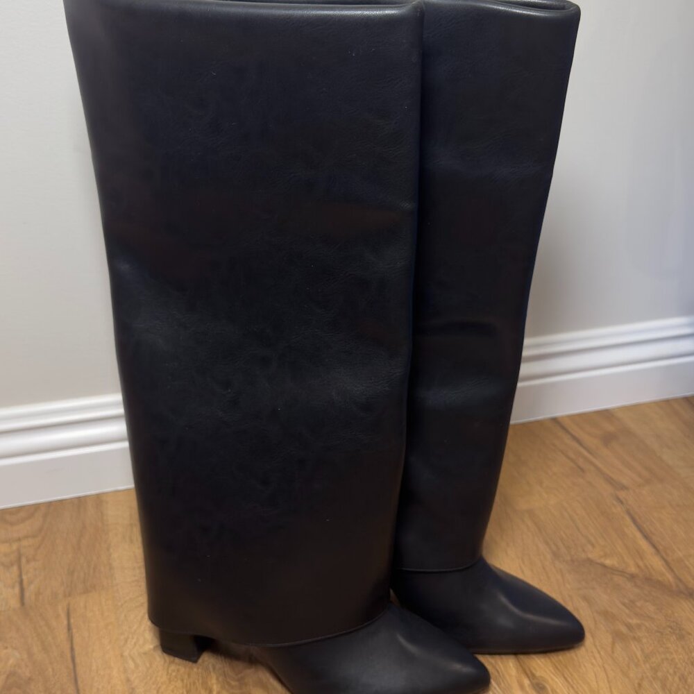 Black foldover knee high pointed block heel boots size 10
